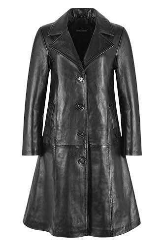 Trench-coat en cuir véritable noir pour femme long style classique 3495