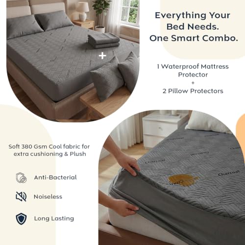 Image of AYKA Combo Pack Waterproof Mattress Protector & 2 Pillow Protectors | Queen 78x60 Inch | 100% Waterproof Charcoal Bed Protector | Breathable, Noiseless Mattress & Pillow Covers | Grey