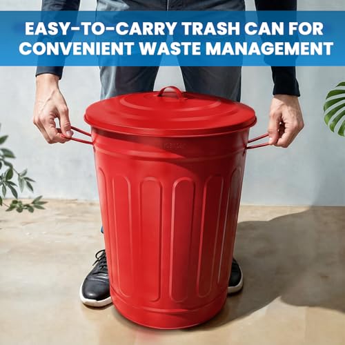 Image of Plexon Metal Trash Can with Lid 13 Gallon, Decorative Outdoor Trash Can Heavy Duty Galvanized Metal Bucket with Lid for Garage Workshop Storage Farmhouse, Red 3 Pack