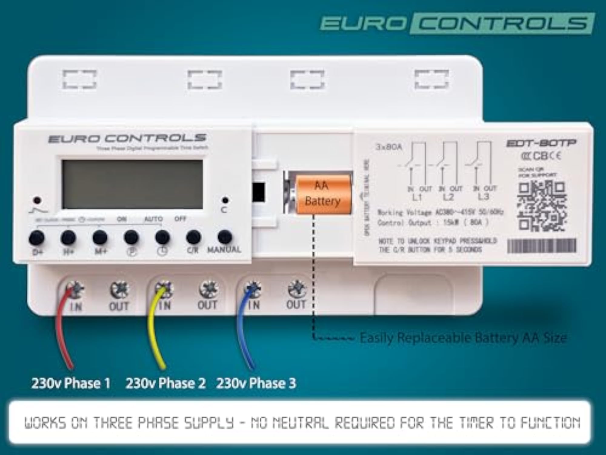 EDT80TP Phase Digital Timer Switch, 32 on/Off Programmable