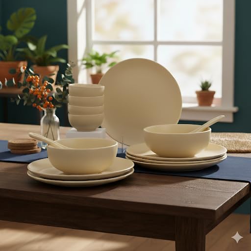 The Better Home Terra Ceramic Dinner Set (12 Pcs) | Diwali Gift | Microwave Safe Dinner Plates and Bowls Sets | Chip Resistant Dinnerware Sets | House Warming Gifts New Home for Couple (Cream)
