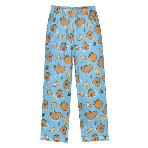 Cute Capybara with Oranges Blue Pajama Pants Lounge Sleep Pants Elastic Waist Long Pajama Bottoms with Pockets for 6-14 Years2