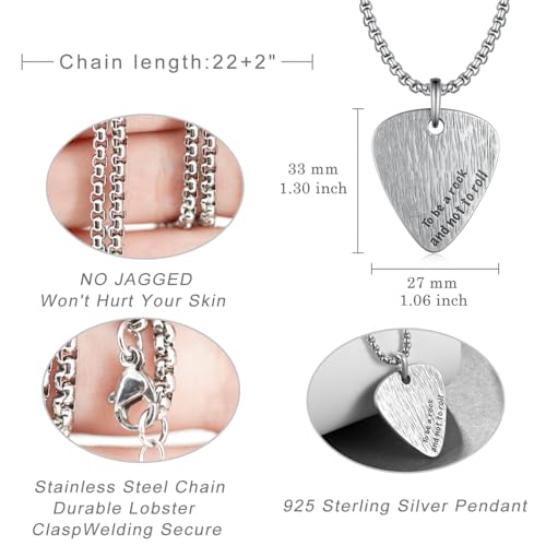 Guitar Necklace S925 Sterling Silver Music Guitar Pick Necklace Musician Gifts for Men Women4