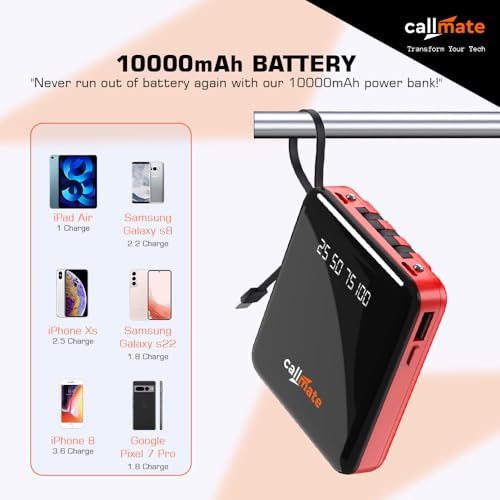 Image of Callmate 10000mAh Power Bank, 15W Fast Charging| Buit-in 3-in-1 Cables | 4 Output Ports and 2 Input | Digital Display | LED Torch| for iPhone, Smartphones & Other Devices (Red, Lithium Polymer)