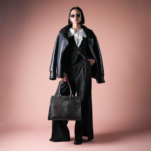 Image of Theater Dr. Grief Brown Croco Handbag for Women | Structured Top Handle Tote with Spacious Interior | Elegant Office Work & All Day Essential Laptop Bag