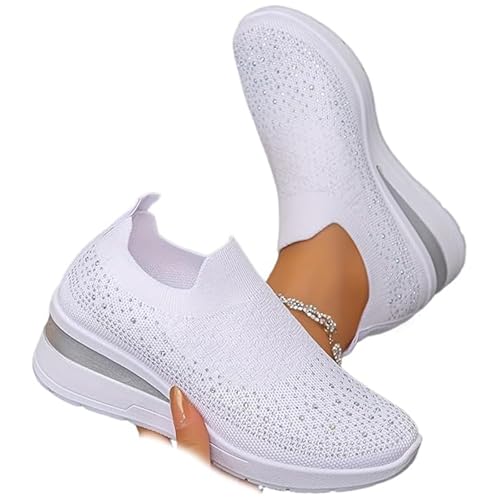 Baskets compensées respirantes avec strass pailletés pour femme - Sans lacets - Chaussures à enfiler, blanc, 40 EU