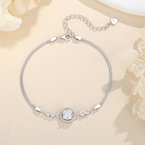1CT Halo Round Moissanite Bracelet for Women,D Color Bracelet with GRA Certificate,925 Sterling Silver Box Chain 6.5"+2" (16.5cm+5cm Adjustable),Perfect Jewelry Gifts4