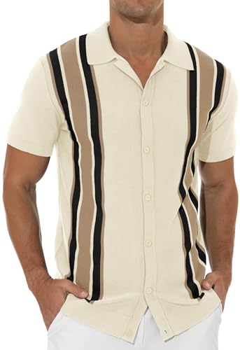 NITAGUT Mens Polo Shirts Vintage Striped Knitting Short Sleeves Button Down Golf Shirts2