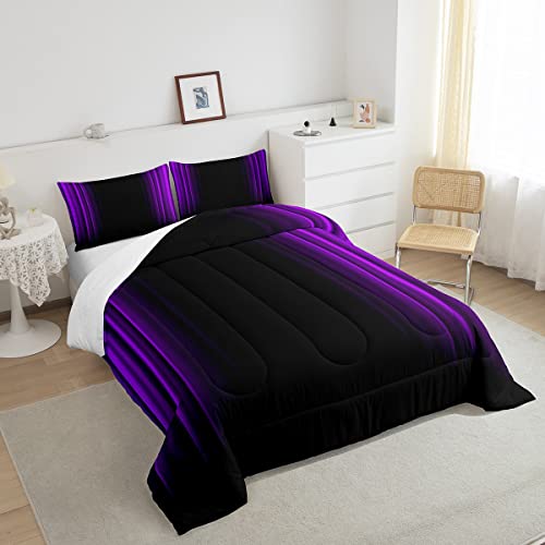 Geometric Abstract Ombre Comforter Set Kids Teens Purple And Black Striped Bedding Bed Set Decor Modern Fashion Comforter Inner Fill Bedroom Collection 3Pcs Queen Size #TOP3
