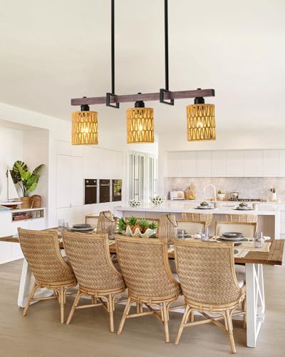 3-Light Kitchen Island Light Fixture, Linear Chandelier for Dining Room, Rustic Pendant Light Over Table, Handmade Woven Farmhouse Wicker Chandelier, Dark Wood Finish for Kitchen Island - image 6