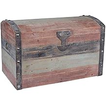Household Essentials Large Wooden Storage Trunk, Weathered Wood with Paint Finish, Hinged Lid with Metal Accents