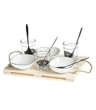 1 Planche forme Palette en Bois de Pin : Dimensions : 24 x 16 cm - 3 Verrines en Verre : D 5 x H 6.5 cm - 3 Coupelles en Faïence : D 8 x H 2.8 cm - 3 Cuillères : L 12 cm -