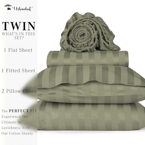 URBANHUT 800 Thread Count Egyptian Cotton Damask Striped Twin Size Sheets Set (4 Pc) - Ultra Soft & Smooth, Sateen Weave Twin Size Bed Sheets, Luxury Hotel Sheets with 16" Deep Pocket - Sage