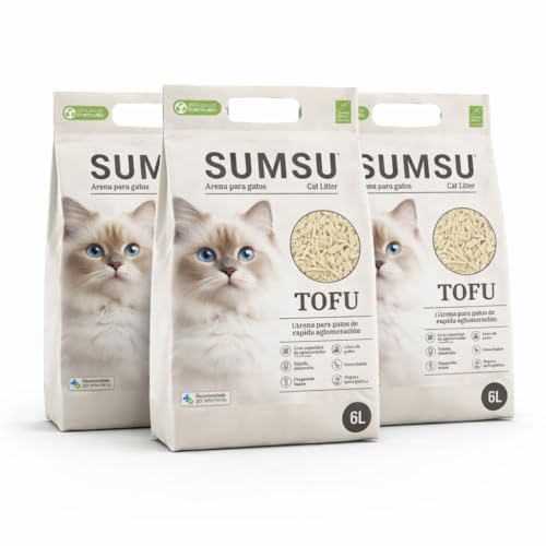 SUMSU Arena de Tofu para Gatos 18L(3x6L), Aglomerante Rápida, 99% Sin Polvo, Control de Olores, Biodegradable, Desechable WC Aroma Leche (Milk Scent)