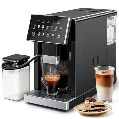 Kismile Automatic Espresso Machine with Grinder & Milk Frother, Latte & Cappuccino Maker, Single/Double Cup, Thickness Adjustment, 1.5L Removable Water Tank