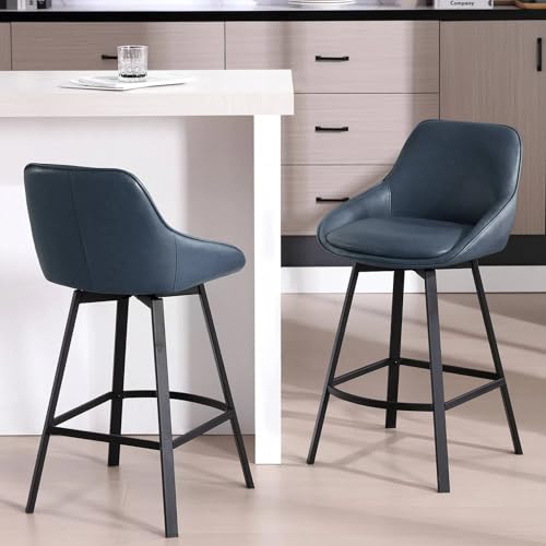 Image of Zesthouse Swivel Counter Height Stools Set of 2, Modern Upholstered Barstools with Backs, 26'' Faux Leather High Chairs for Island Kitchen, Counter Height Chairs with Metal Legs, Blue