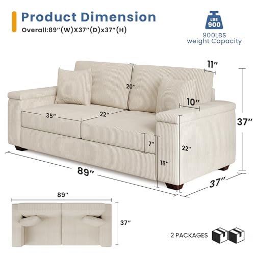 KKL 89 Inch Sofas for Living Room, Deep Seat Sofa, Comfy Sofa, Cloud Couch, Cream Couch, Sleeper Couch, 3 Seater Sofa with Pillows, Machine-Washable, Corduroy, Beige