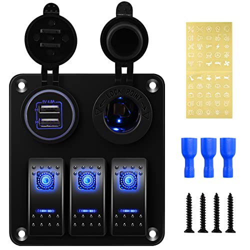Rupse Panneau de Commutateur à Bascule 3 Gang ON-OFF Interrupteur à Bascule LED Bleu Chargeur Double USB Voltmètre Numérique 12V Allume-cigare pour Véhicules Bateaux Camping-car Camion RV Cover