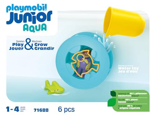 PLAYMOBIL 71688 Junior Aqua : Roue Aquatique avec bébé Requin - Grand Plaisir dans Le Bain - Jouet fabriqué à partir de matière d'origine végétale - Dès 12 Mois