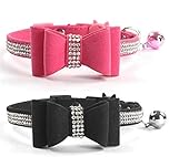 Quick Release Cat Collar with Bell and Bow Tie,Bling Rhinestones and Adjustable Safety Kitten Collar Soft Leather,Kitty and Some Puppies Safety Collars (Black+Pink)