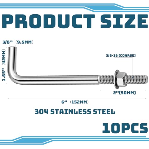 Yaocom XIE-YAOCOM-1224 10 Pieces Anchors Bolts 3/8-16 X 6 Inches 304 Stainless Steel Concrete J Bolts Cement Post Anchor Bolts Fastener thumb #1