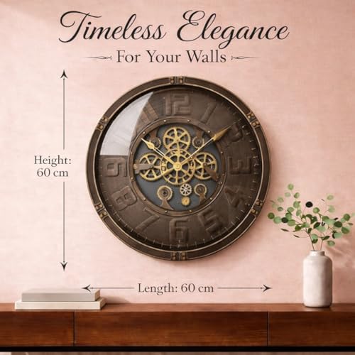 Image of ARMONIA Vintage Mechanical Moving Gear Wall Clock 60 cm | Large Acrylic Industrial Steampunk Analog Clock | Real Moving Gears, Dual Tone Vintage Design | Modern Home & Office Decor