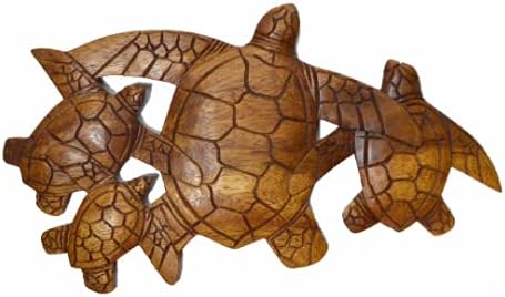HAND CARVED WOODEN SEA TURTLE FAMILY ART WALL SCULPTURE PLAQUE