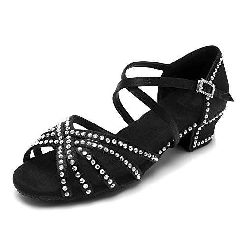 HIPPOSEUS Girls Rhinestone Latin Dance Shoes Low Heel Ballroom Salsa Dance Practice Performance Shoes