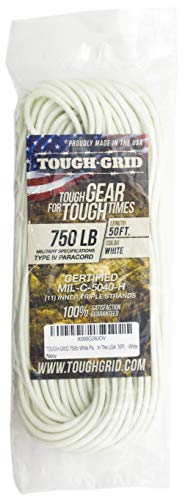 TOUGH-GRID 750lb White Paracord/Parachute Cord - Genuine Mil Spec Type IV 750lb Paracord Used by The US Military (MIl-C-5040-H) - 100% Nylon - 50Ft. - White