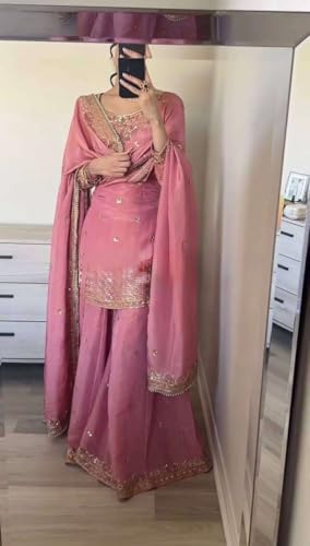 Haathkari Women's Pure Chinnon Silk Embroidered Kurti With Sharara & Dupatta Set4