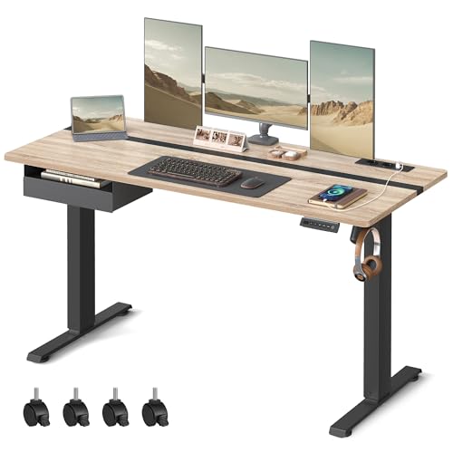 VASAGLE Höhenverstellbarer Schreibtisch elektrisch, 140 x 60 cm Tischoberfläche, Memory-Funktion mit 4 Höhen, mit Steckdosen und Stoffschublade, Greige meliert-tintenschwarz LSD114H01