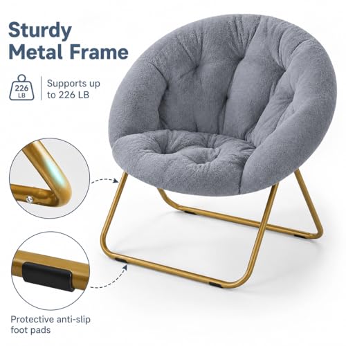 Image of Simple Deluxe Cozy Chair, Faux Fur Saucer Chair for Bedroom, Comfy Foldable Moon Chair, Round Fluffy Chair for Living Room, Fuzzy Saucer Chairs for Adults Room, Gray