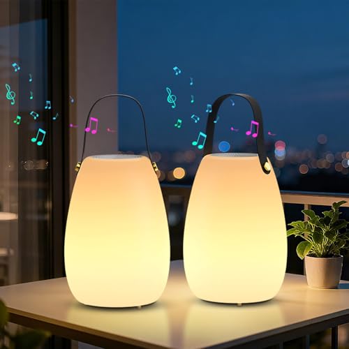 2-Pack Outdoor Table Lamps with Speakers, Rechargeable Night Lights Portable Camping Lamps Dimmable...