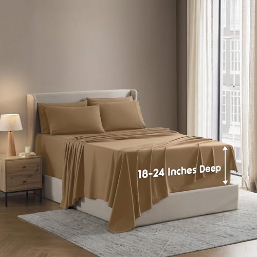 Image of Nestl Extra Deep Cal King Sheet Set - 6 Piece Breathable & Cooling Sheets - Hotel Luxury Bedding Set w /18-24 Inch Deep Pockets - Easy & Secure Fit - Super Soft, Wrinkle Free & Comfy - Mocha Brown