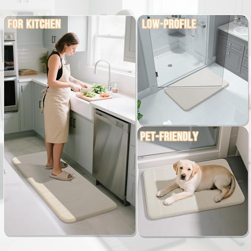 Image of Yimobra 2 Pieces Memory Foam Bath Mat Sets, 17x24+44.1x24 Inches for Bathroom Rugs, Toilet Mats, Non-Slip, Soft Comfortable, Water Absorption, Machine Washable (Cream White, 17 inchx24 inch+31.5 inchx19.8 inch)