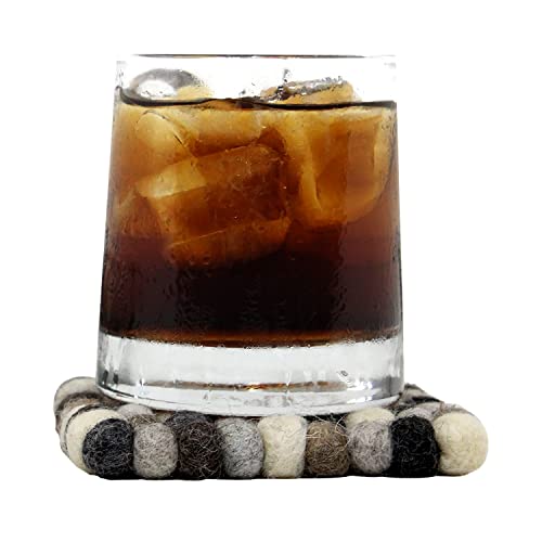 Ojas Yatra Square Felt Coasters Gray - Premium Felted Ball Wool Coasters Set Of 4 - With Handmade Lokta Gift Box - Thick Coasters For Drinks Absorbent - Naturally Dense, Heat Resistant & Durable #TOP6