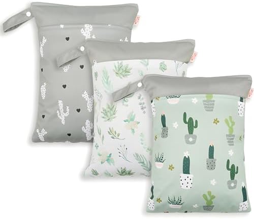 Wet Dry Bags for Baby Diapers, 3Pcs Wet Clothes Organizer with 2 Zippered Pockets, Waterproof Baby Travel Wet Bag, Wet Pouch for Small Cloth, Reusable Swim Bag for Stroller, Clothes, Swimsuits(Grey)