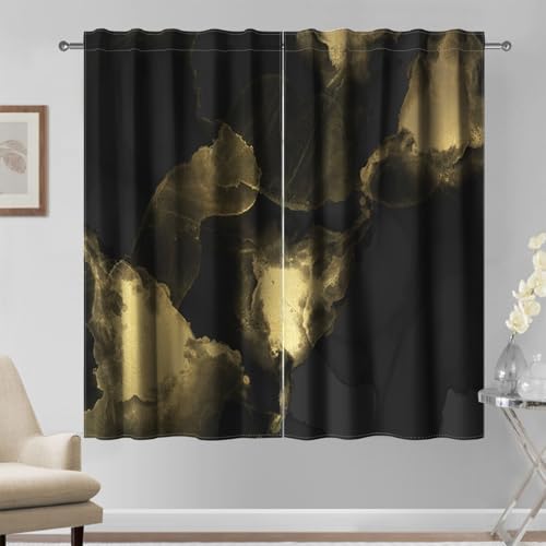 Kzzfqxb Rideaux texturés en marbre 132x214 cm 2 Panneaux, Art Abstrait Moderne Encre Noire Nuages dorés Drapés de fenêtre, décoration mystérieuse pour...