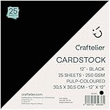 Craftelier - 25 Blatt Schwarzer Karton 12 x 12 250gsm Glattes Dickes Papier zum Stanzen, Kartenbasteln, Scrapbooking, Basteln & DIY