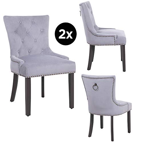 PS Global Silla de Comedor Tufted, Elena, latón Antiguo, Cubierto con Terciopelo y Acolchado con Espuma, Estructura de Madera con Patas lacadas en Gris (Light Grey)