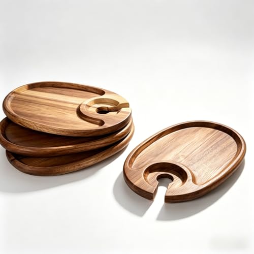 GOVNPJ 6-Piece Acacia Wood Wine Appetizer Plate Set with Wine