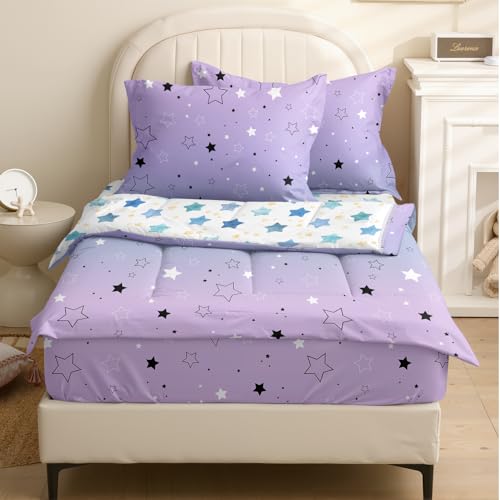 Image of Kids Comforter Set,Zipper Bedding Twin for Girls,Star Printed Comforter Set with Blue Stars Fitted Sheets and Pillowcases for All Season(Star Twin)