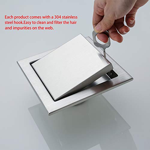 RANDOM Brushed Steel Floor Drain 6-inch SUS304 Stainless Steel Square Shower Floor Drain with Tile Insert Grate Removable Multipurpose Invisible Look or Flat Cover. (Wide-brimmed)