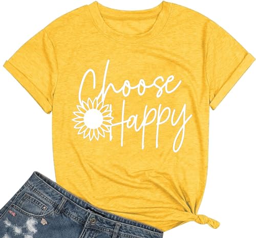 Graphic Tees for Women Choose Happy Letter Print Shirts Sunflower Women T Shirt Inspirational Short Sleeve Casual Tops