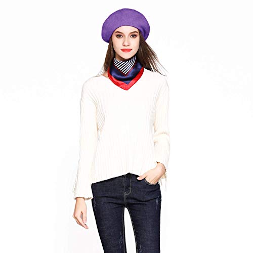 Wool Beret Hat Solid Color French Artist Beret with Skily Scarf and Brooch (Purple)