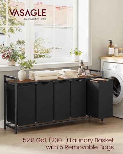 Image of VASAGLE Laundry Hamper, Laundry Basket, Laundry Sorter with 5 Pull-Out and Removable Bags, Shelf, Metal Frame, 5 x 10.6 Gallons (40 L), 56.5 x 13 x 28.4 Inches, Ink Black and Rustic Brown UBLH501B01