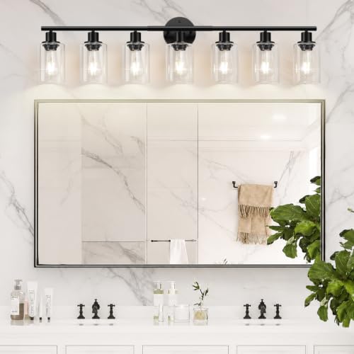 Image of Zarbitta 7-Light Bathroom Light Fixtures, Black Modern Vanity Lights with Clear Glass Shade, Bathroom Wall Lamp, for Mirror, Kitchen, Living Room, Hallway, Cabinet