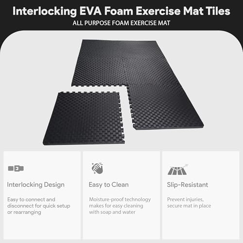Image of BalanceFrom Puzzle Exercise Mat 3 /4 inch Thick, EVA Interlocking Foam Floor Tiles for Home Gym, Mat for Home Workout Equipment, Floor Padding for Kids, Black, 24 in x 24 in x 3 /4 in, 24 Sq Ft - 6 Tiles