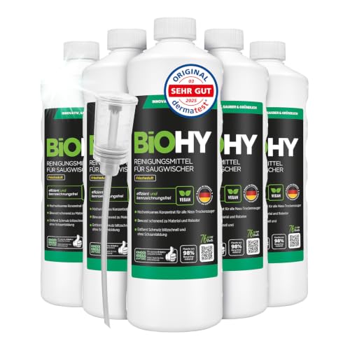 BiOHY Środek czyszczący do wycieraczek ssących (6 x butelka 1l) + dozownik | Koncentrat 1:200 do wszystkich odkurzaczy na mokro | do płytek, PCV, parkietu, laminatu i dywanów (Saugwischer)