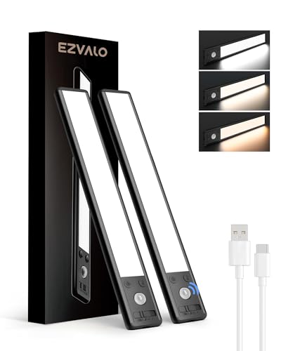 EZVALO Under Cabinet Kitchen Lights, 3 Color Dimmable 62 LED Motion Sensor Lights Indoor, 1600mAh Rechargeable LED Lights for Cupboard, Kitchen (Black, 2 Pack)